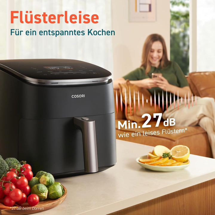 Cosori Turboblaze Heißluftfritteuse Airfryer, 9-In-1 Air Fryer XXL 6L, Leiser DC Motor Mit 5 Geschwindigkeitsstufen, Grillen, Backen, Gären, Dehydrieren, Tiefkühlen, 87 Rezepte, 64% Energiesparend