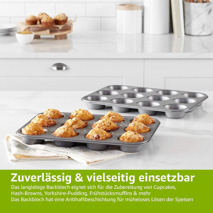 Amazon Basics - Rund Backblech Für Muffins, Antihaftbeschichtet, Karbonstahl, 2Er-Pack, Grau, 13.9"X10.55"X1.22"