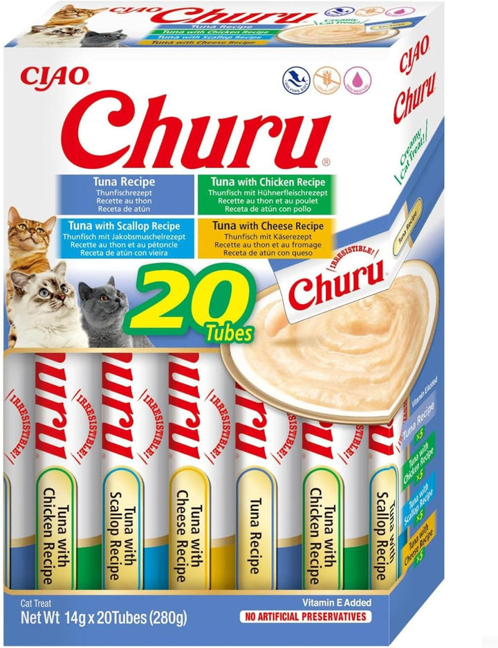 INABA Churu Hairball Control anti Hairball Tratamente premium pentru pisici cu taurină și fibre, pui și ton 20 X 14 G | Fără cereale, fără zahăr, fără subproduse, anti hairball cat
