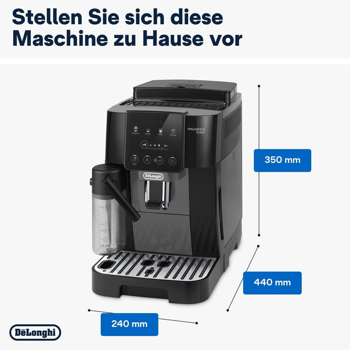 De'Longhi Magnifica Start ECAM222.60.BG, Mașină de cafea complet automată cu sistem de lapte latte crema pentru cappuccino automat, 4 butoane de selecție directă, panou de control soft-touch, funcție "X2", 1450W, negru/gri