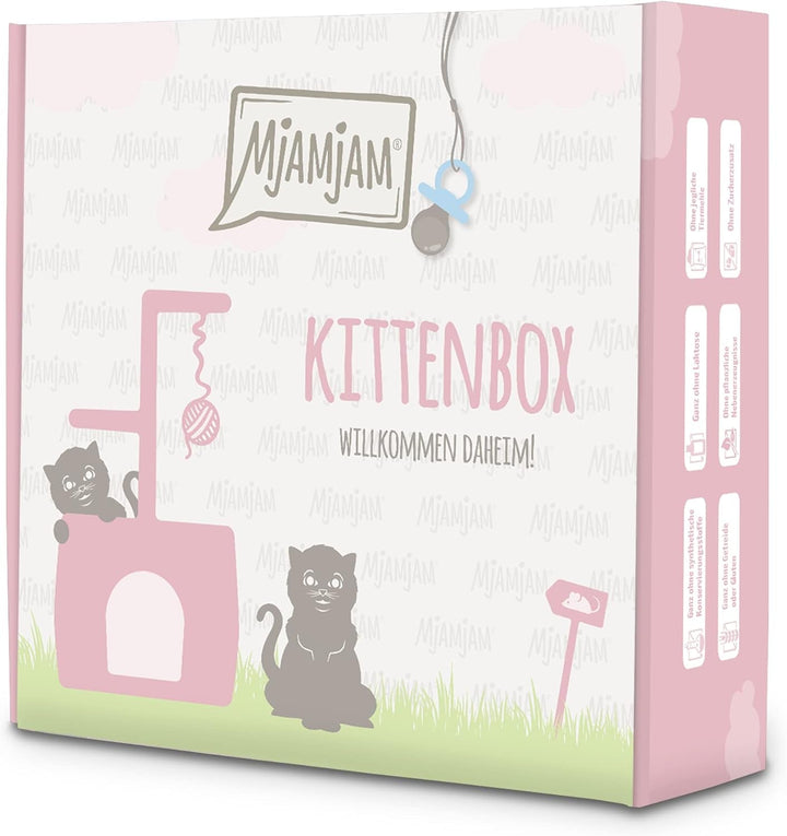 Mjamjam - Hrană umedă premium pentru pisici - Kittenbox - 3X pui cu ulei de somon & 3X vițel cu ulei de somon, pungă de hrană, pix, capac de conservă, 6Pack (6 X 200 G)