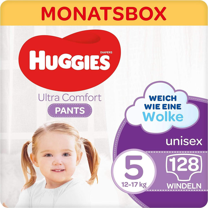 Huggies Ultra Comfort Pants, mărimea 5, 12 - 17 kg, Pentru copii activi, Cu indicator de umezeală și tehnologie cloud waistband, 128 scutece