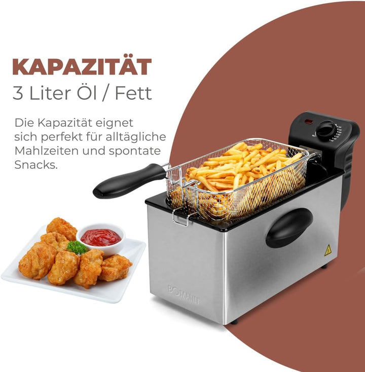 Bomann® Fritteuse Mit 3L Kapazität | Friteuse Mit Fett | Friteuse Öl Mit Kaltzonentechnik & Abtropfvorrichtung | Fritteusen Mit Stufenlos Regelbarerem Thermostat | 2000W | Gastro Friteuse FR 2264 CB