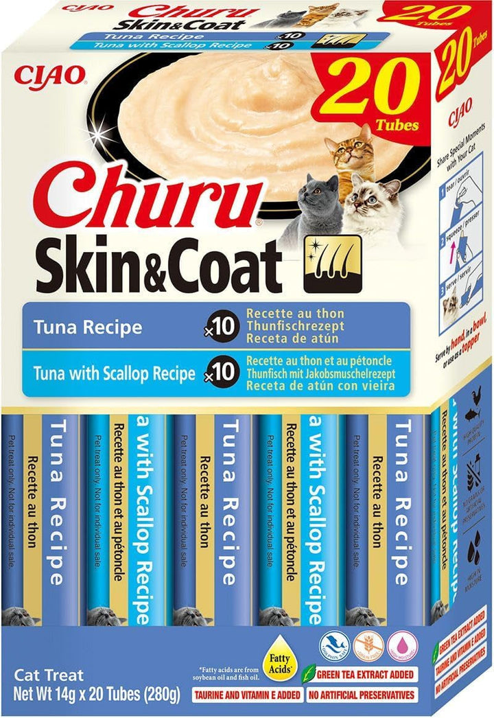 INABA Churu Hairball Control anti Hairball Tratamente premium pentru pisici cu taurină și fibre, pui și ton 20 X 14 G | Fără cereale, fără zahăr, fără subproduse, anti hairball cat