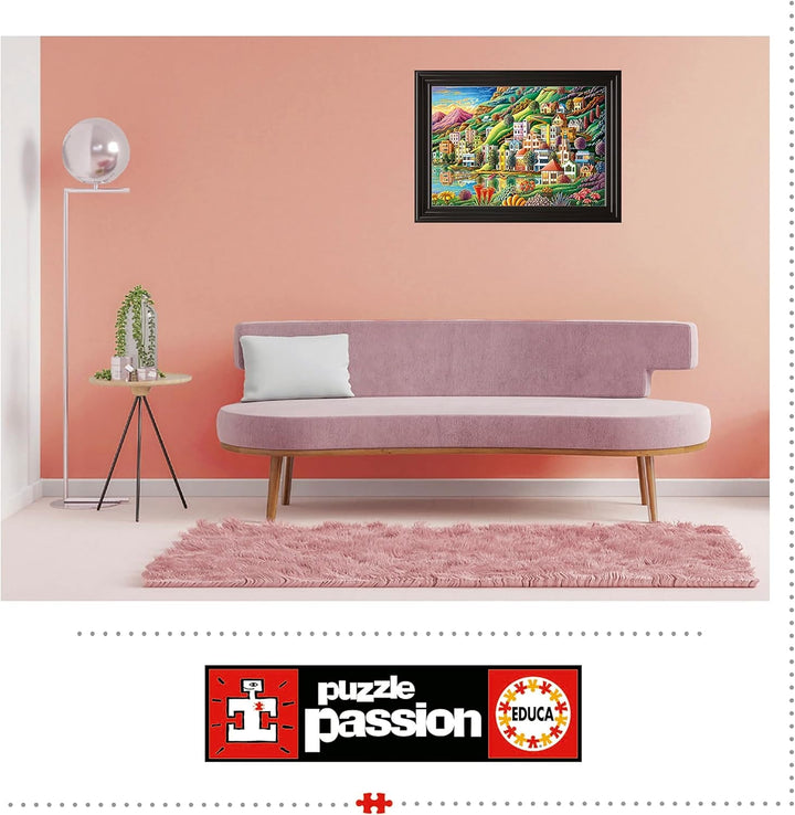Educa - Puzzle 500 piese pentru adulți | Satul colorat de lângă lac, puzzle 500 piese pentru adulți și copii de la 11 ani, puzzle peisaj, ilustrație (19552)