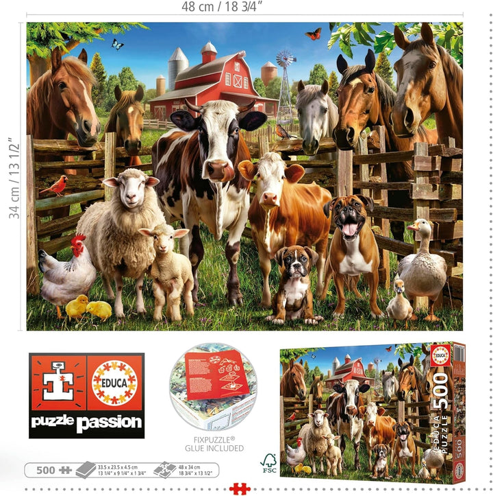 Educa - Puzzle de 500 piese pentru adulti | Animalele de la ferma obraznice. Dimensiuni: 48 X 34 cm. Include lipiciul de puzzle Fixpuzzle. Pentru 11 ani (19905)