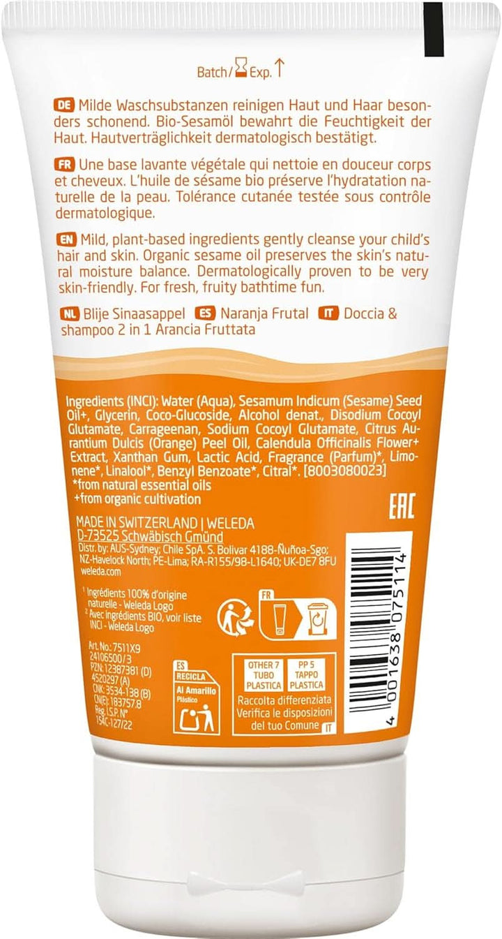 WELEDA Bio Kids 2In1 Shower & Shampoo Fruchtige Orange, Naturkosmetik Duschgel Und Bodylotion Zur Schonenden Reinigung Von Haut Und Haar, Geeignet Für Kinder Ab Drei Jahren (1 X 150 Ml)