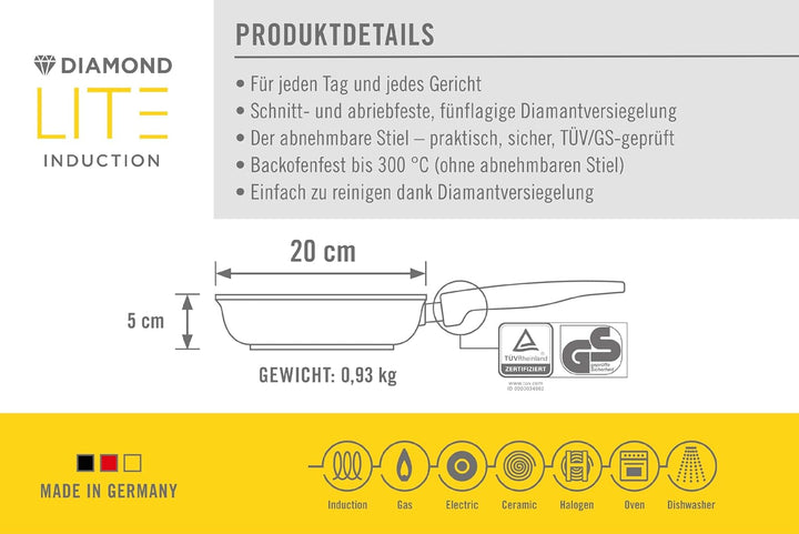 Woll Diamond Lite Flachpfanne - Induktiv -, Ø 20 Cm, 5 Cm Hoch, Mit Abnehmbarem Stiel - Geeignet Für Alle Herdarten, Aluguss, Antihaft-Versiegelung