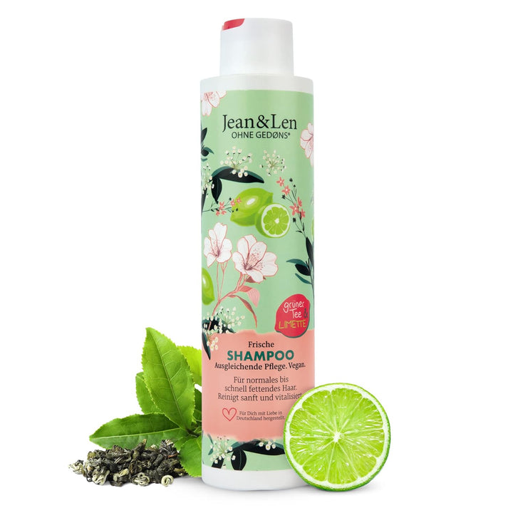 Jean & Len Frische Shampoo Grüner Tee & Limette, Für Normales Bis Schnell Fettendes Haar, Schützt Vor Feuchtigkeitsverlust, Ausgleichende Pflege, Ohne Parabene Und Silikone, Vegan, 300 Ml