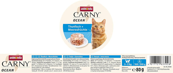 Carny Ocean Tuna + Seafood (12 X 80G), hrană umedă pentru pisici de la Animonda pentru pisici adulte, cu file de pește fin, fără cereale și zahăr