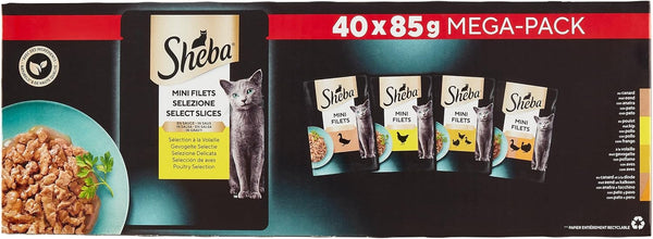 SHEBA Mini Fillets - pungi proaspete în sos, selecție cu păsări de curte pentru pisici adulte - 40 X 85 G