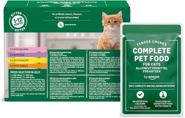 By Amazon Hrană pentru pisici, umedă, pentru pisici tinere, selecție mixtă în jeleu, 1,2Kg (12 pungi de 100G)