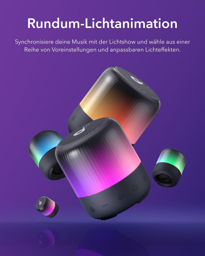 Soundcore Glow Mini Speaker, difuzor Bluetooth portabil, sunet 360°, spectacol de lumini, 12 ore de redare, EQ și lumină personalizabile, IP67 rezistent la apă și praf, pentru camping, acasă și petreceri pe plajă