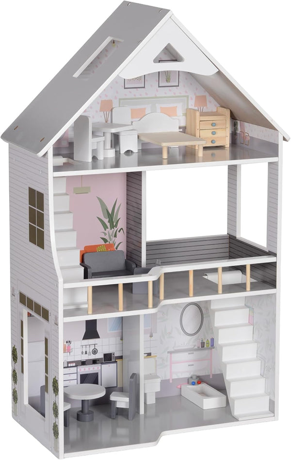 AIYAPLAY Casă de păpuși din lemn, casă de joacă cu 3 etaje cu 13 piese de mobilier, accesorii, 85,3 cm înălțime Casă de păpuși pentru copii de 3-6 ani, gri