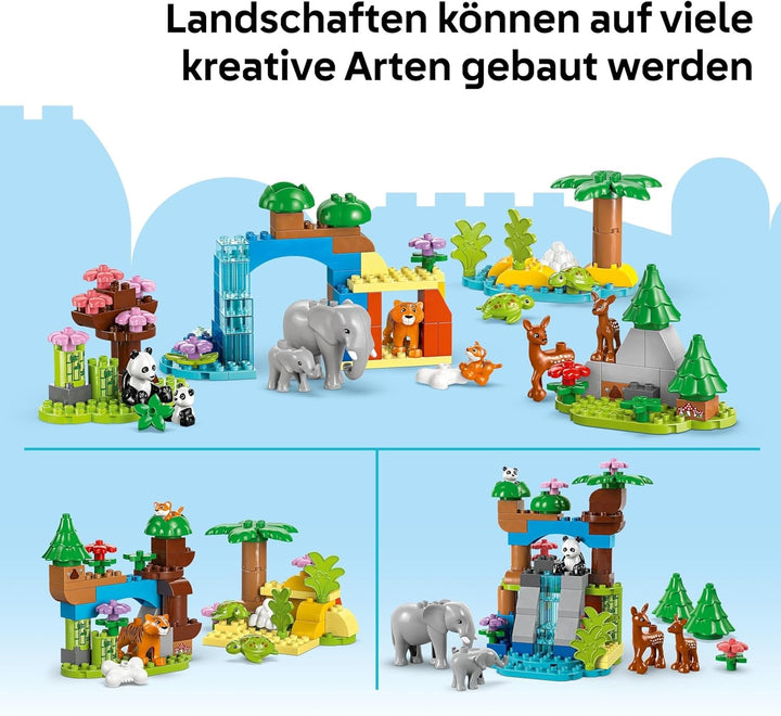 Set LEGO DUPLO Town Wild Animal Families 3-in-1, jucărie educativă pentru copii mici cu țestoase, tigri, elefanți, căprioare, panda, set pentru preșcolari de la 2 ani, jucărie de construit cu figuri de animale 10446