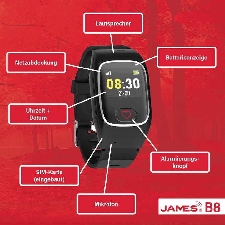 B8 (alb) Ceas pentru apeluri de urgență și siguranță pentru vârstnici, detectare cădere, buton apel de urgență și localizare GPS, funcții de sănătate, de ex. puls, aplicație de familie + cartelă SIM inclusă în tariful lunar, alarmă