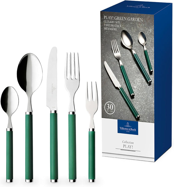 Villeroy & Boch – Play! Green Garden Tafelbesteck 30 Teilig 6 Personen Grün, Spülmaschinenfest, Besteck Bunte Griffe, Besteck Kunststoffgriffe, Besteck Set, Essbesteck, Edelstahl, Kunststoff