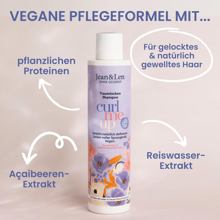 Jean & Len Traumlocken Shampoo Reiswasser & Açaibeere, Für Lockiges & Welliges Haar, Verleiht Sprungkraft & Volumen, Fruchtiger Beeren-Duft, Haarshampoo, Ohne Parabene & Silikone, Vegan, 300 Ml