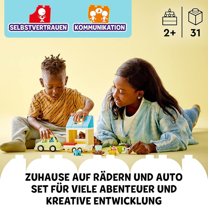 LEGO 10986 DUPLO At Home On Wheels, mașină de jucărie cu cărămizi mari, figurine și mașină de jucărie pentru băieți și fete de la 2 ani, dezvoltă abilitățile motorii fine