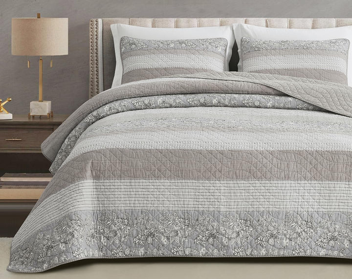 Chezmoi Collection Addy Patchwork Quilt Set bumbac pre-spălat, ușor, reversibil, pentru toate anotimpurile, supradimensionat, 3 piese, albastru marin, alb, gri, taupe, în carouri Plapumi si pilote Naty Shop Hibiscus dungi patchwork taupe Geamăn