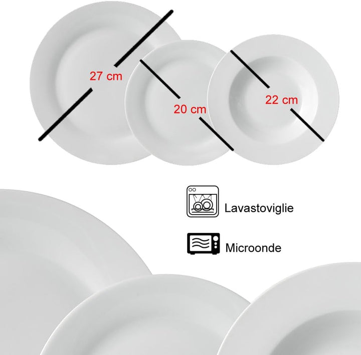 18-Teiliges Tafelservice Aus Porzellan Für 6 Personen, Set Bestehend Aus 6 Flachen Teller, 6 Tiefen Tellern, 6 Desserts Und Obst, Modernes Design (Weiß)