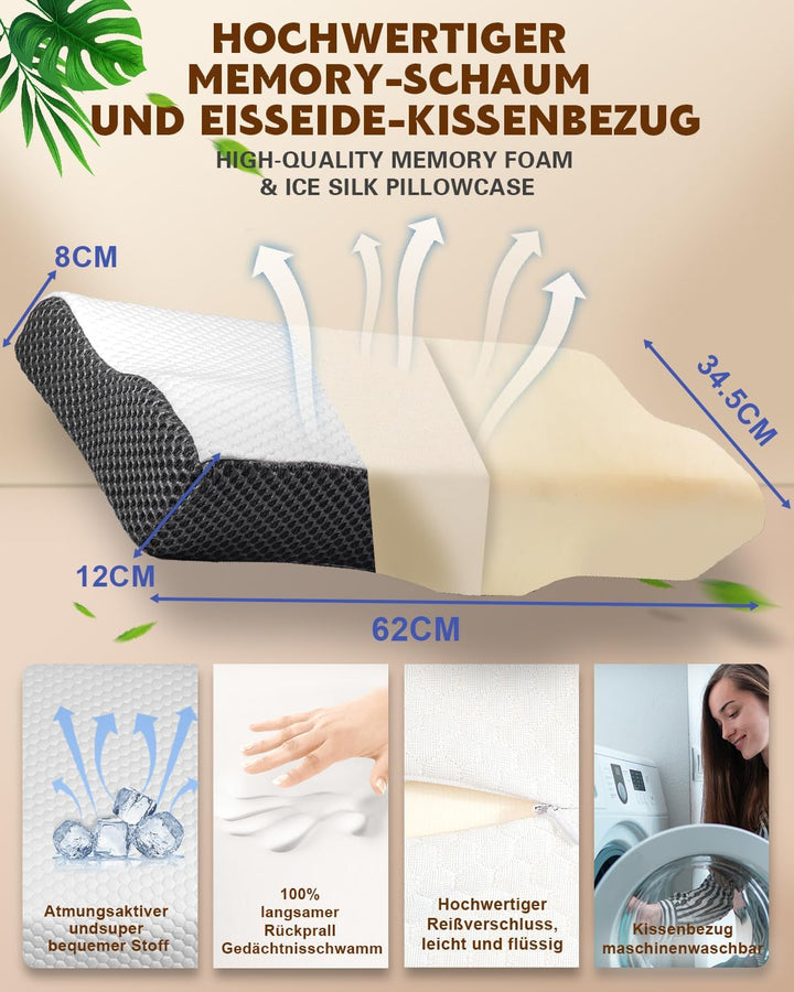 Pernă pentru dureri de gât, pernă ergonomică ortopedică pentru gât, pernă din spumă de memorie pentru părți, spate și abdomen, pernă anti-sforăit pentru bărbați femei (62 * 34.5 * 12/8CM)