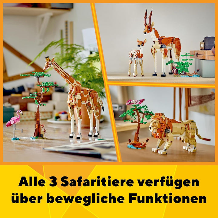 LEGO Creator 3In1 Animal Safari, set creativ cu figurine de animale, 3 opțiuni de construcție: Girafă de jucărie, gazelă și leu, animale de jucărie pentru fete și băieți, cadou natural pentru copii cu vârsta de 9+ 31150
