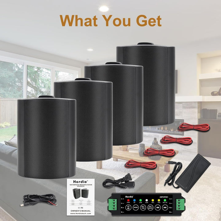 Herdio 4 Zoll Bluetooth Outdoor-Lautsprecher 400 Watt Wasserdicht Außenlautsprecher Für Garten, Terrasse, Restaurant (2 Paar/Schwarz)