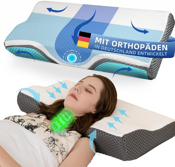 Pernă pentru dureri de gât, pernă ergonomică ortopedică pentru gât, pernă din spumă de memorie pentru părți, spate și abdomen, pernă anti-sforăit pentru bărbați femei (62 * 34.5 * 12/8CM)