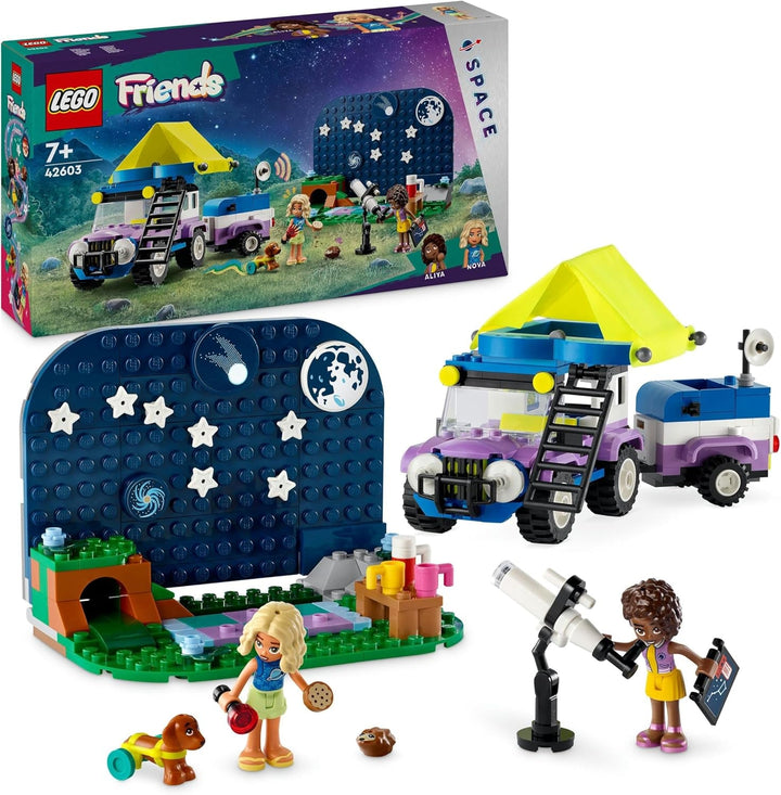Set de vehicule de camping LEGO Friends Stargazer cu mașină de teren și telescop de jucărie, cadou de la 7 ani pentru fete și băieți, include figurile de joc Nova, Aliya și un câine 42603