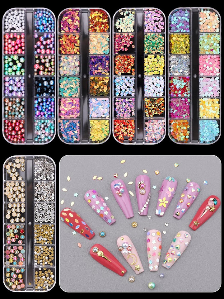 EBANKU Nail Art Strass Kit Multi Design Zubehör Mit 1 Pinzetten 1 Stück Wachsstifte Deko Diamanten Kristalle Perlen Edelsteine Bunt Pferdeaugen Strass Metall Nieten Für Nagel DIY (1 Stück (10Er Pack))
