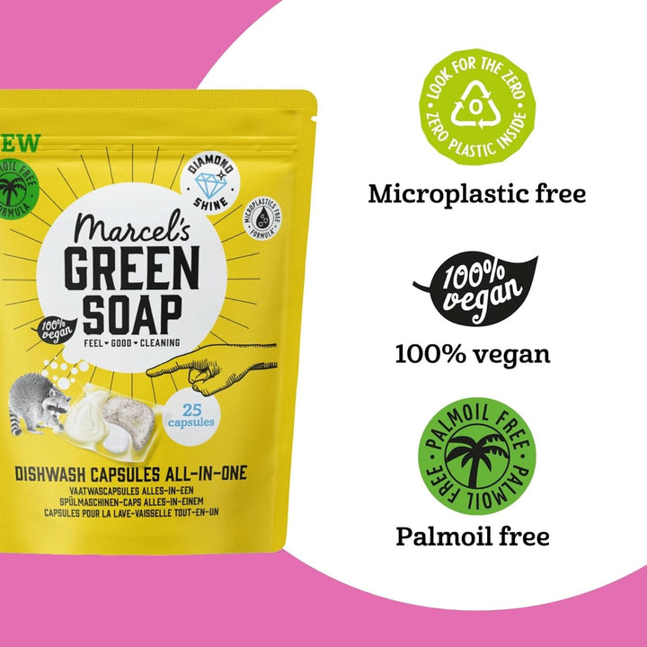 Marcel'S Green Soap Dishwasher Capsules - Capsule naturale All-In-One - 99% biodegradabile - 100% vegane - fără ulei de palmier - 25 Capsule