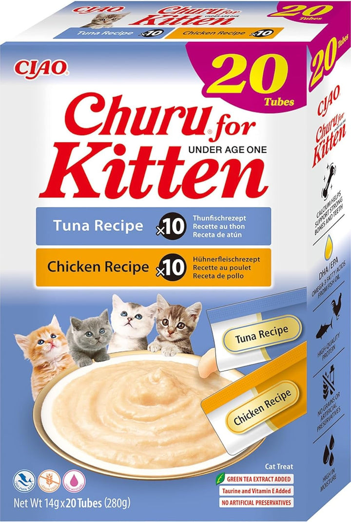 INABA Churu Hairball Control anti Hairball Tratamente premium pentru pisici cu taurină și fibre, pui și ton 20 X 14 G | Fără cereale, fără zahăr, fără subproduse, anti hairball cat