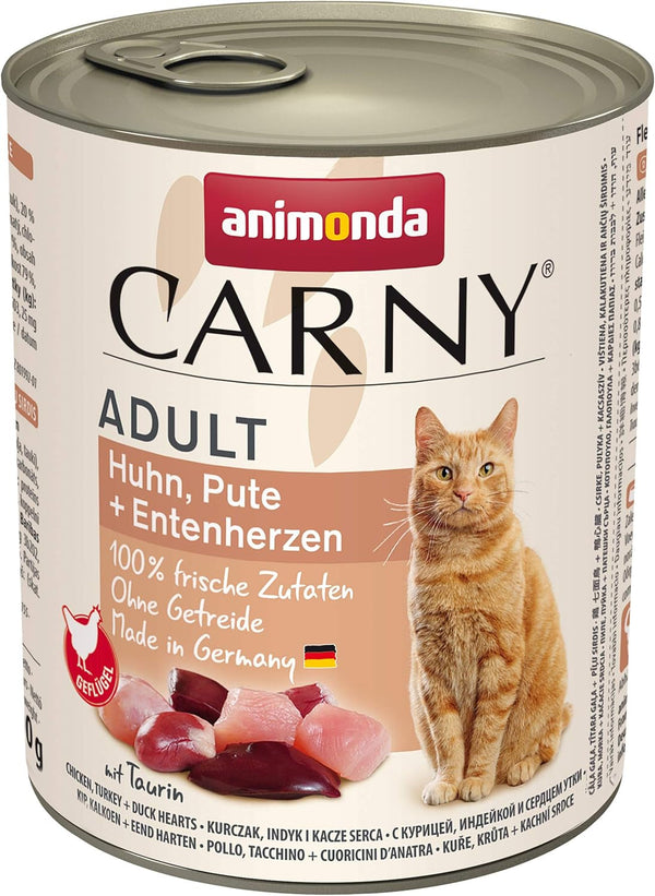 Animonda Carny hrană umedă pentru pisici Chicken + Turkey + Duck Hearts (6 X 800G), Hrană umedă pentru pisici fără cereale, fără zahăr, cu ingrediente din carne proaspătă
