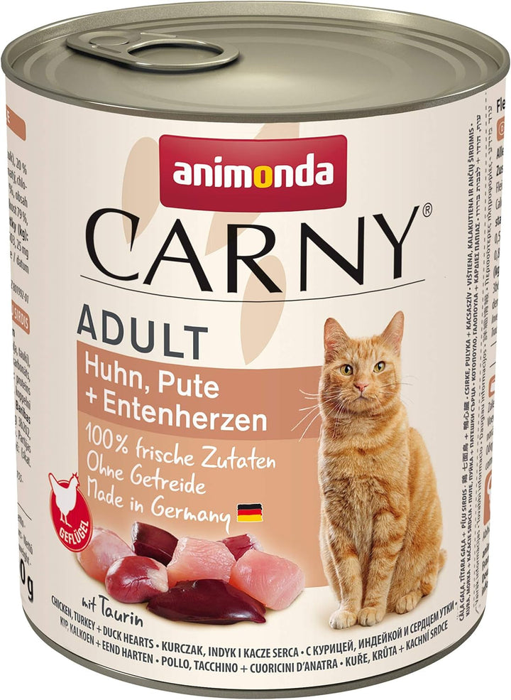 Animonda Carny hrană umedă pentru pisici Chicken + Turkey + Duck Hearts (6 X 800G), Hrană umedă pentru pisici fără cereale, fără zahăr, cu ingrediente din carne proaspătă