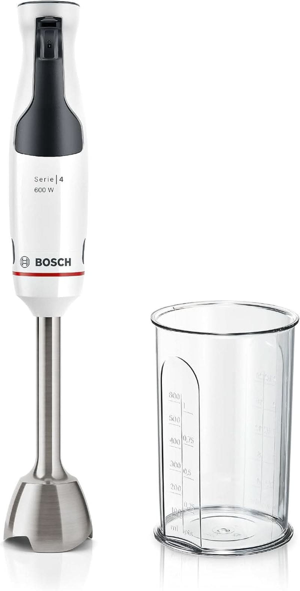 Bosch Stabmixer Ergomaster Serie 4 MSM4W210, Einhändig Bedienbar, Edelstahl-Klingen, Verschleißfreie Keramik-Kupplung, Mixbecher, Quattroblade, Antisplash Funktion, Einschaltsperre, 600 W, Weiß