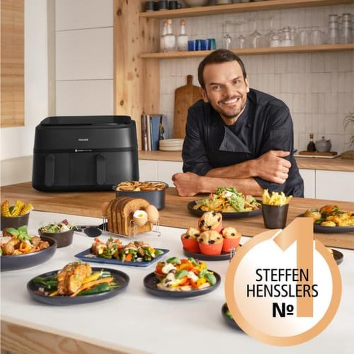 Philips Airfryer Dual Basket 3000 Series, 9L, 2 Körbe, 2 Gerichte Gleichzeitig Fertig, Rapidair plus Heißlufttechnologie, 90% Weniger Fett, Energieeffizient, Homeid Rezepte-App (NA350/00)