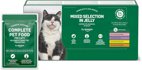 By Amazon Hrană pentru pisici, umedă, pentru pisici în vârstă, selecție mixtă în jeleu, 4,8Kg (48 pungi de 100G)