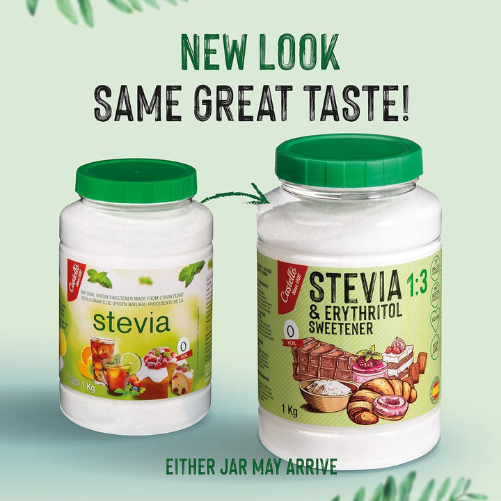 Stevia + Erythrit 1:3 Süßstoff | 1G = 3G Zucker | 100% Natürlicher Zuckerersatz - 0 Kalorien - 0 Glykämischer Index - Keto Und Paleo - 0 Netto-Kohlenhydrate - Kein GVO - Castello since 1907-1 Kg