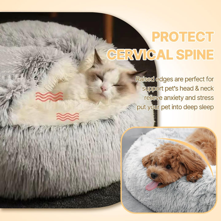 Pat calmant pentru pisici, pat pufos și pluș pentru pisoi, pat lavabil anti-anxietate pentru căței, pat pentru animale de companie pentru câini mici, sac de dormit moale și cald, tip gogoașă. Nr.: 015002802-0001 (M-50cm)