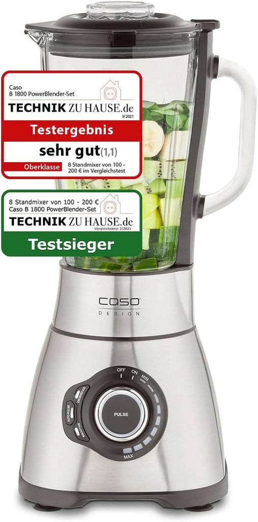 CASO B 1800 Powerblender-Set - Standmixer, 28.000 U/Min, Glasbehälter 1,75 L, Inkl. Trinkflasche Und Zerkleiner, Mixer Testsieger Mit Sehr Gut, Edelstahl