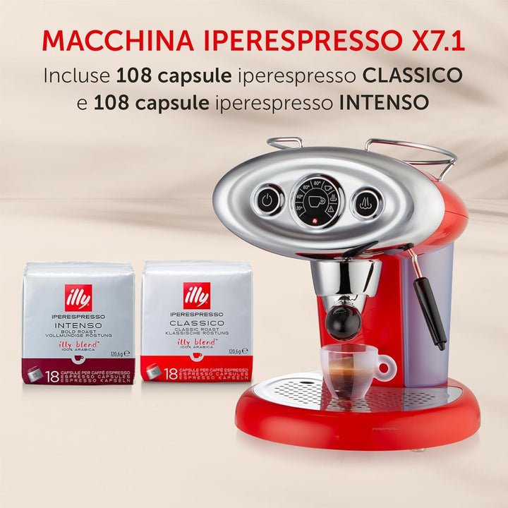 Espressor Illy pentru Iperespresso X7.1, culoare roșie, cu 216 capsule Iperespresso (108 capsule Hyperexpesso clasice și 108 INTENSO)