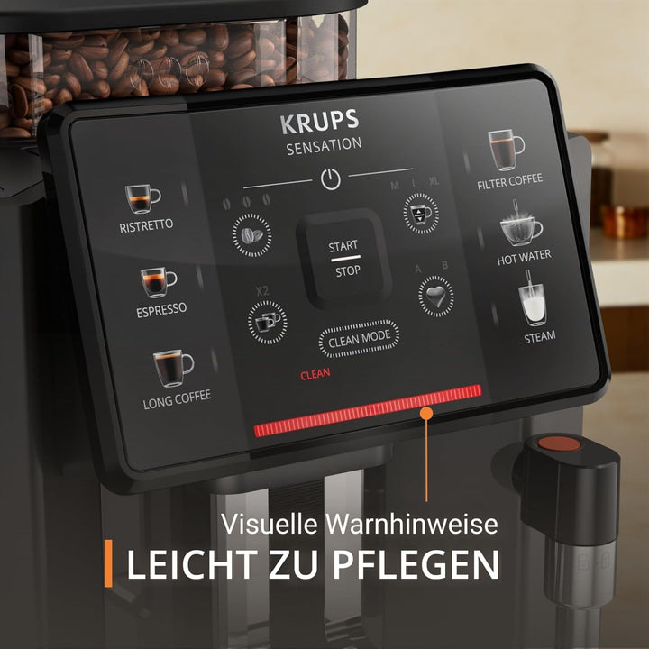 Aparat de cafea complet automat Krups Sensation, duză de spumare a laptelui, 5 băuturi, funcție de cafea cu filtru, funcție de 2 cești, filtru de cafea, negru, EA910810