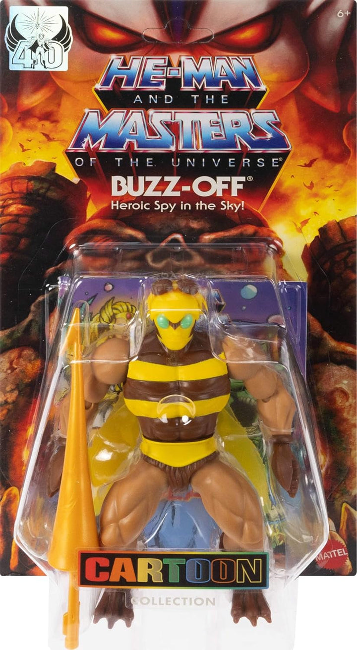 Masters of the Universe Origins Action Figure Buzz-Off din colecția de desene animate, aproximativ 14 cm înălțime, de la televiziunea din anii 1980, Bee Leader cu aripi și ochelari cu Javelin, JBM88