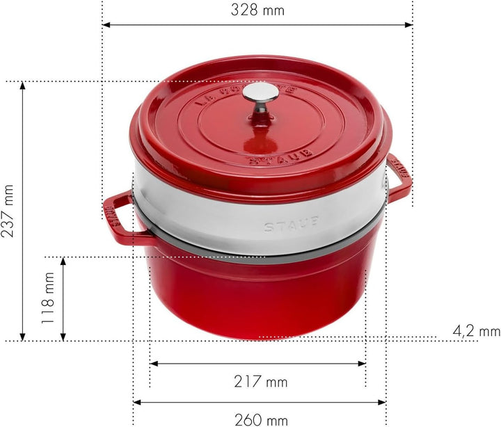 STAUB Gusseisen Bräter/Cocotte, Mit Dämpfeinsatz Aus Edelstahl, Rund 26 Cm, 5,2 L, Aromaregen Funktion Für Optimale Befeuchtung, Für Alle Herdarten Inkl. Induktion & Backofen, Kirschrot, Rot