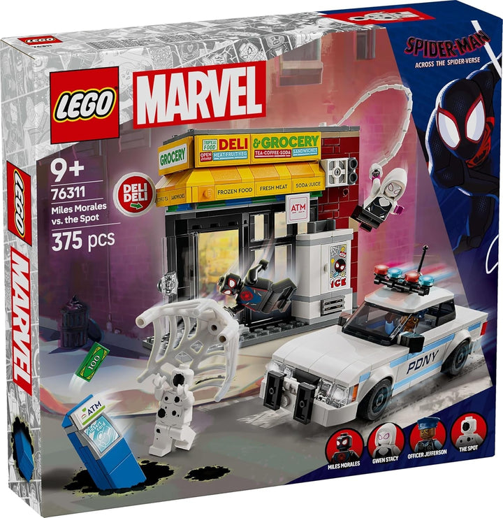 LEGO Marvel Spider-Verse: Miles Morales Vs. Spot - Set de joacă pentru supereroi cu mașină de jucărie - 4 minifigurine și mini-market - Cadou pentru băieți și fete cu vârsta de 9+ 76311