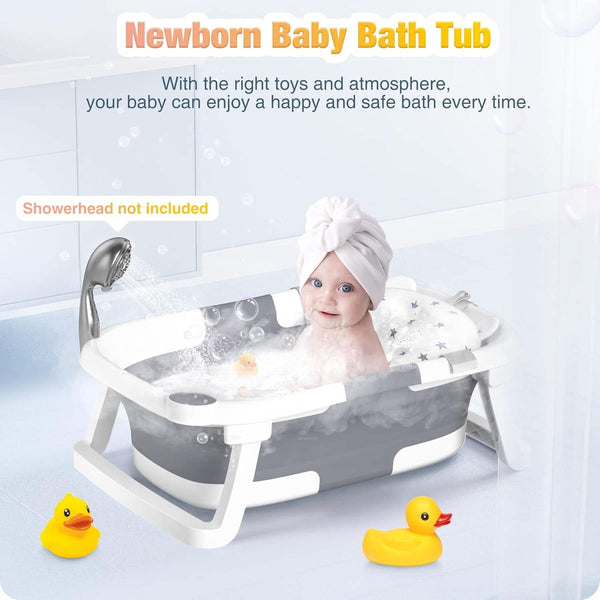 Rabb 1St Baby Badewanne Faltbare, Unverzichtbares Babybadezubehör, Tragbare Wanne Für Neugeborene Bis Kleinkinder Mit Rutschfester Matte Und Abflussloch. (Kein Thermometer) (Grau + Baby-Badematte)