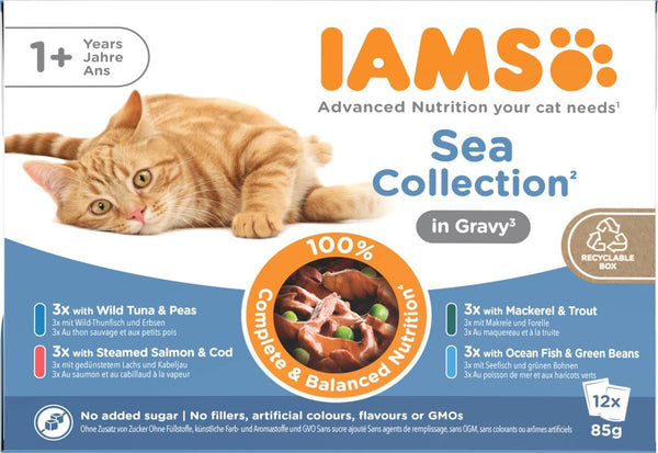 Hrană umedă pentru pisici IAMS Delights Sea Collection - Multipack cu sortimente de pește (somon, ton, macrou, pește de mare) în sos, hrană umedă pentru pisici de la 1 an în sus, 12 X 85G