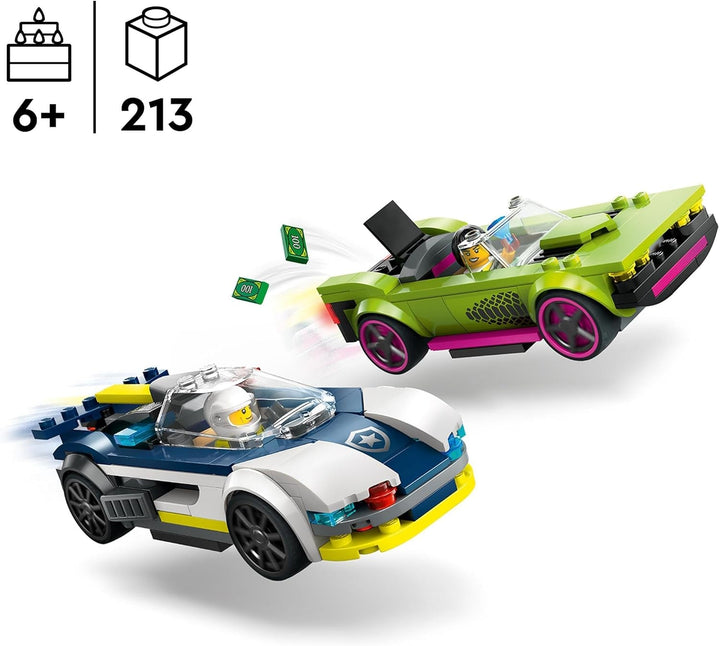 LEGO City Car Chase cu mașină de poliție și mașină cu mușchi, tren de jucărie cu 2 mașini de curse, cadou de poliție pentru copii, băieți și fete de la 6 ani, set cu polițist și minifigurine Ganovin 60415