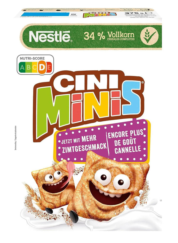 CINI MINIS, Muesli cu scorțișoară, 37% făină integrală vitală, cu vitamine, calciu și fier, fulgi crocanți și crocanți, pachet de 7 x 375 grame